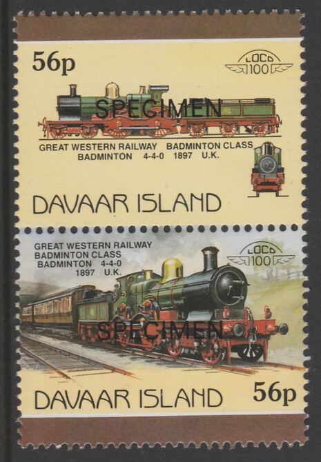 Davaar Island 1983 Locomotives #1 GWR Badminton Class 4-4-0 loco 56p perf se-tenant pair overprinted SPECIMEN unmounted mint, stamps on railways