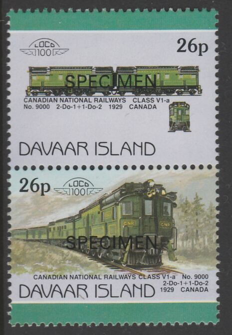 Davaar Island 1983 Locomotives #1 Canadian National Class V1-a loco No.9000 26p perf se-tenant pair overprinted SPECIMEN unmounted mint, stamps on railways