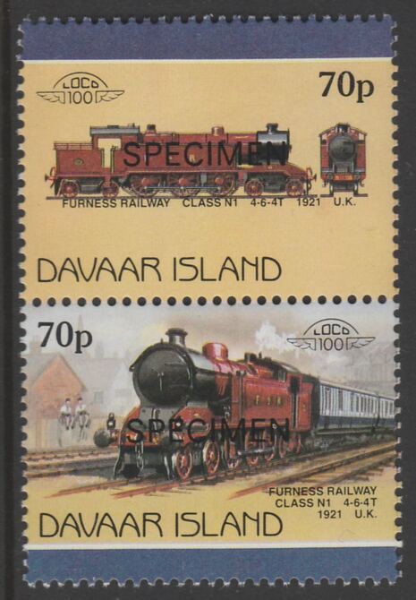 Davaar Island 1983 Locomotives #1 Furness Railway Class N1 4-6-4T loco 70p perf se-tenant pair overprinted SPECIMEN unmounted mint, stamps on , stamps on  stamps on railways