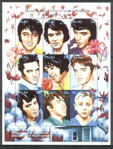 Palau 1995 60th Birth Anniversary of Elvis Presley unmounted mint sheetlet containing 9 values, SG 838-46, stamps on , stamps on  stamps on music    elvis    entertainments
