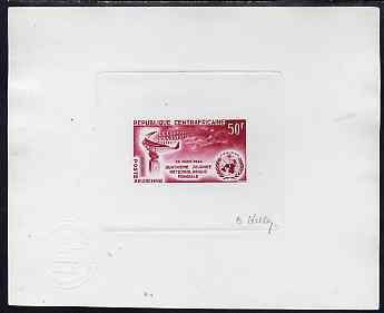 Central African Republic 1964 die proof of World Meteorological Day (SG 56) in red on sunken wove paper, signed by the artist , stamps on weather