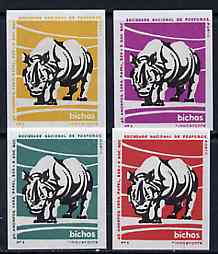 Match Box Labels - Rhino from Portuguese Wildlife set with 4 diff background colours, fine unused condition (4 labels), stamps on rhino    animals