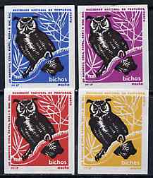 Match Box Labels - Owl (Long Eared) from Portuguese Wildlife set with 4 diff background colours, fine unused condition (4 labels), stamps on birds, stamps on birds of prey, stamps on owls