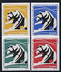 Match Box Labels - Bear from Portuguese Wildlife set with 4 diff background colours, fine unused condition (4 labels), stamps on animals    bear
