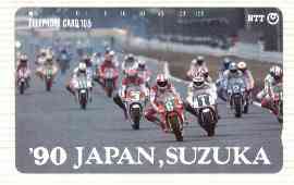 Telephone Card - Japan 105 units phone card showing Field of Riders inscribed 90 Japan, Suzuka (card number 290-433), stamps on motorbikes