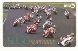 Telephone Card - Japan 50 units phone card showing Field of Riders inscribed Sugo Superbike (card number 410-280), stamps on motorbikes