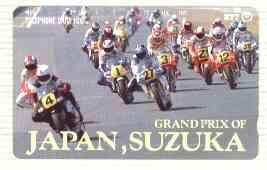 Telephone Card - Japan 105 units phone card showing Riders entering Right Hand Bend inscribed Grand Prix of Japan, Suzuka (card number 290-262), stamps on motorbikes