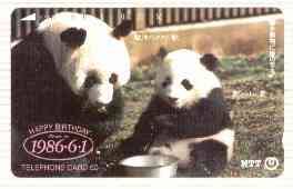 Telephone Card - Japan 50 units phone card showing Panda (TongTong) with mate & food bowl inscribed 'Born in 1986.6.1' (horiz card in colour) card number 230-082, stamps on , stamps on  stamps on animals     bears     pandas