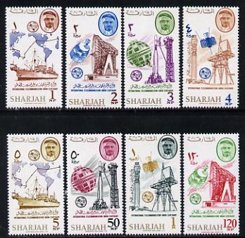 Sharjah 1965 ITU set of 8 unmounted mint (Mi 185-92) , stamps on , stamps on  stamps on , stamps on  stamps on  itu , stamps on  stamps on communications, stamps on  stamps on science, stamps on  stamps on space, stamps on  stamps on ships, stamps on  stamps on maps, stamps on  stamps on 