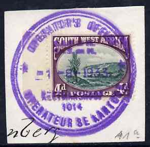 South West Africa - OPERATOR'S OFFICE/ KEETMANSHOOP complete strike on adhesive on piece (Putzel R3), stamps on railways