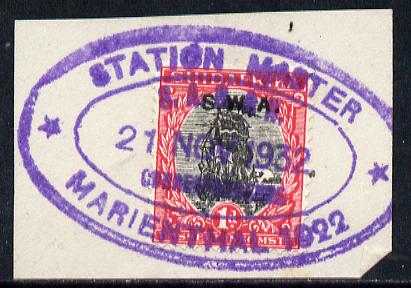 South West Africa - STATION MASTER/ MARIENTHAL 1022 complete strike on 1d adhesive on piece (Putzel R9), stamps on railways