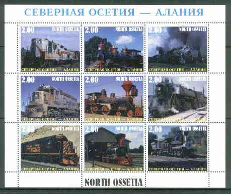 North Ossetia Republic 1999 Railways perf sheetlet containing 9 values unmounted mint, stamps on railways