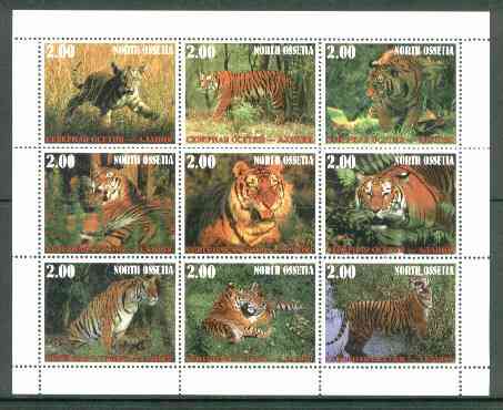 North Ossetia Republic 1999 Tigers perf sheetlet containing 9 values unmounted mint, stamps on cats, stamps on tigers
