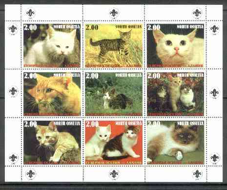 North Ossetia Republic 1999 Cats perf sheetlet containing 9 values (with Scout Logo in margins) unmounted mint, stamps on cats       scouts