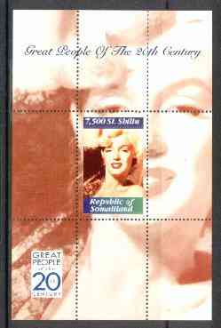 Somaliland 1999 Great People of the 20th Century - Marilyn Monroe perf souvenir sheet containing 7,500 sl value unmounted mint, stamps on films    entertainments      marilyn monroe    cinema, stamps on millennium