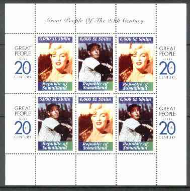Somaliland 1999 Great People of the 20th Century - Marilyn Monroe & Joe Di Maggio perf sheetlet containing 6 x 6,000 sl values unmounted mint, stamps on films    entertainments      marilyn monroe    cinema     baseball, stamps on millennium