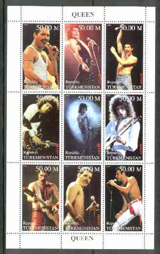 Turkmenistan 1999 Queen (Pop Group) perf sheetlet containing set of 9 values unmounted mint, stamps on , stamps on  stamps on pops, stamps on  stamps on music, stamps on  stamps on entertainments, stamps on  stamps on rock