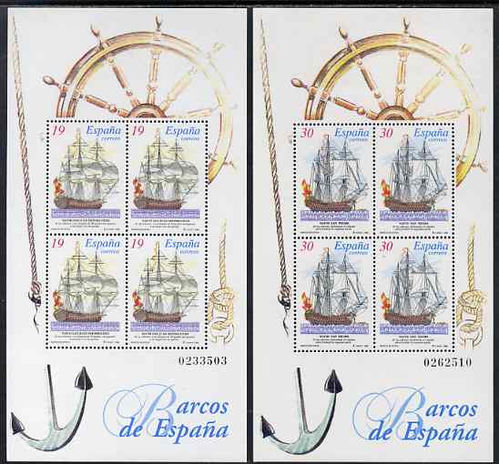Spain 1995 Paintings of Ships set of 2 perf m/sheets unmounted mint SG MS 3321, stamps on arts, stamps on ships