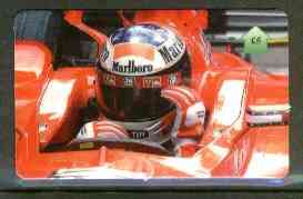 Telephone Card - Michael Schumacher £5 phone card (showing MS adjusting his visor), stamps on cars    racing cars