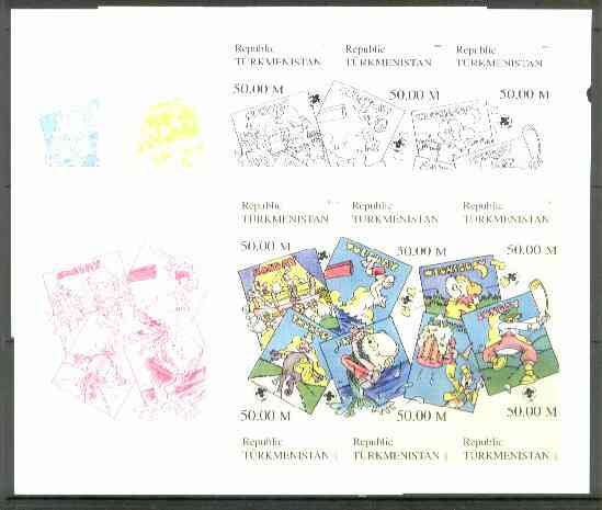 Turkmenistan 1999 Scout Days (Boxing, Golf, Diving, etc) sheetlet containing 6 values, the set of 5 imperf progressive proofs comprising the 4 individual colours, plus all 4-colour composite, stamps on golf    sport    scouts     boxing    diving