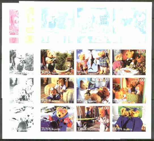 Touva 1998 Teddy Bears sheetlet containing 9 values, the set of 5 imperf progressive proofs comprising the 4 individual colours, plus all 4-colour composite, stamps on teddy bears