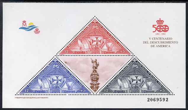 Spain 1992 500th Anniversary of Discovery of America by Columbus (7th issue) perf m/sheet (containing 3 triangulas plus label) unmounted mint SG MS 3147, stamps on , stamps on  stamps on ships, stamps on  stamps on explorers, stamps on  stamps on columbus, stamps on  stamps on triangulars