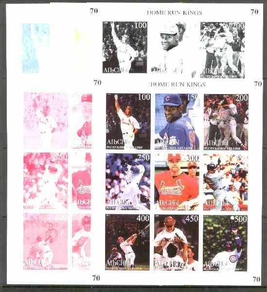 Abkhazia 1999 Baseball (Home Run Kings) sheetlet containing 9 values, the set of 5 imperf progressive proofs comprising the 4 individual colours, plus all 4-colour composite unmounted mint, stamps on baseball
