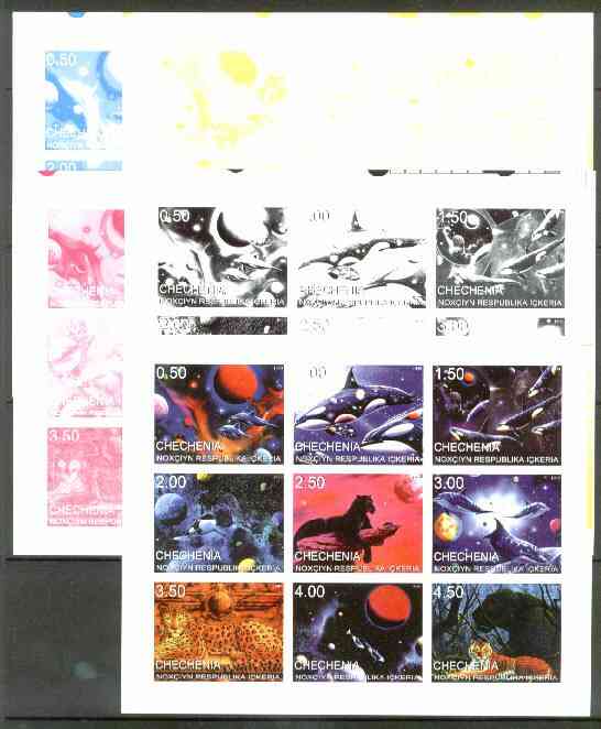 Chechenia 1999 Space, Whales & Big Cats sheetlet containing 9 values, the set of 5 imperf progressive proofs comprising the 4 individual colours, plus all 4-colour composite unmounted mint, stamps on , stamps on  stamps on space, stamps on whales, stamps on cats