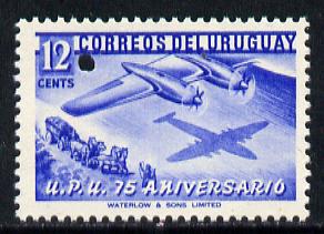 Uruguay 1949 75th Anniversary of Universal Postal Union 12c blue (Boeing Aeroplane over Mailcoach) with tiny security puncture (Waterlow & Sons Specimen) unmounted mint, stamps on aviation    postal   upu    boeing    mail coaches, stamps on  upu , stamps on 
