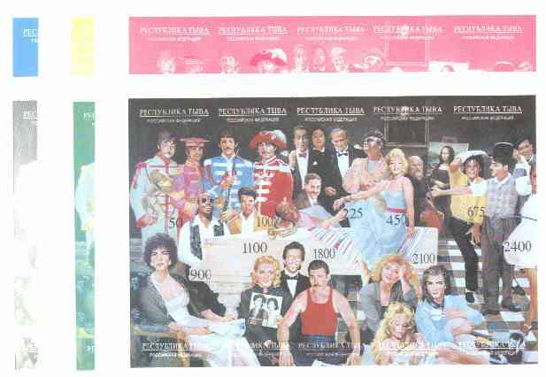 Touva 1995 Superstars Montage 10 value sheetlet with composite design showing  Beatles, Elvis, Marilyn Monroe, Brando, etc, the set of 6 imperf progressive proofs compris..., stamps on music, stamps on personalities, stamps on elvis, stamps on entertainments, stamps on films, stamps on cinema, stamps on pops, stamps on jazz, stamps on marilyn monroe, stamps on comedy, stamps on beatles