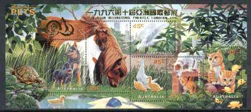 Australia 1996 Pets m/sheet optd for 10th Asian International Stamp Exhibition unmounted mint SG MS 1651var, stamps on animals    cats    dogs     birds    ducks     horses    parrots      stamp exhibitions    tortoise
