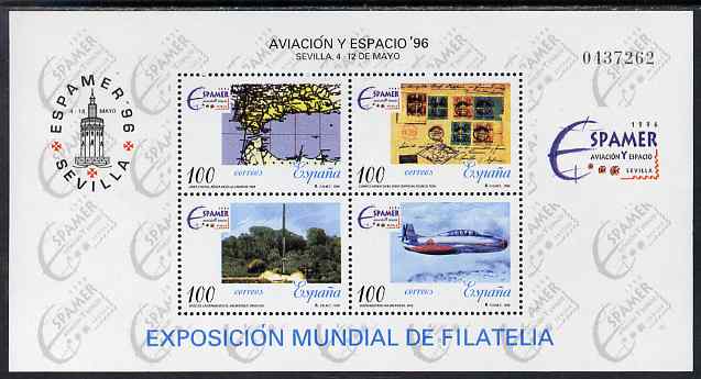 Spain 1996 Espamer Stamp Exhibition perf m/sheet unmounted mint SG MS 3382a, stamps on maps, stamps on stamp exhibitions, stamps on aviation, stamps on zeppelins, stamps on stamponstamp, stamps on airships