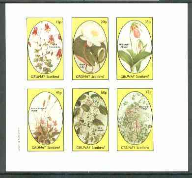 Grunay 1982 Flowers #12 (Columbine, Water Lily, Moccasin, Violet, Clematis & Mountain Fringe) imperf set of 6 values unmounted mint, stamps on flowers