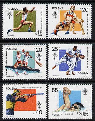 Poland 1988 Olympic Games set of 6 unmounted mint (SG 3162-67), stamps on sport     wrestling     judo    swimming    shooting    canoeing     athletics    olympics, stamps on martial arts