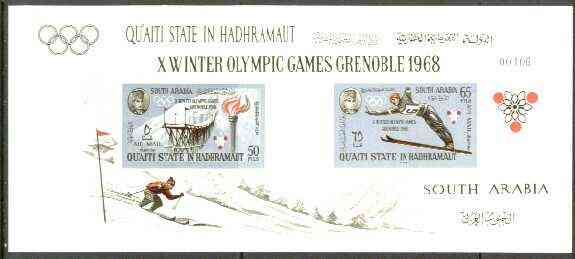 Aden - Qu'aiti 1967 Grenoble Winter Olympics imperf m/sheet unmounted mint, Mi BL 11B, stamps on sport, stamps on skiing, stamps on olympics