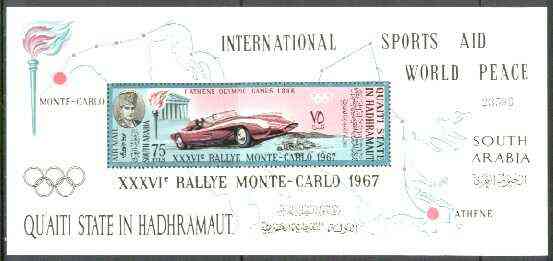 Aden - Qu'aiti 1967 Monte Carlo Rally perf m/sheet unmounted mint, Mi BL 14A, stamps on racing cars, stamps on cars, stamps on sport, stamps on olympics
