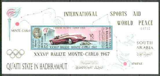 Aden - Qu'aiti 1967 Monte Carlo Rally imperf m/sheet unmounted mint, Mi BL 14B, stamps on racing cars, stamps on cars, stamps on sport, stamps on olympics