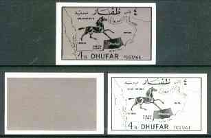 Dhufar 1972 Horse & Map definitive 4b value imperf set of 3 progressive proofs comprising a) main design in black, b) pink-grey rectangular background & c) composite desi..., stamps on maps, stamps on horses