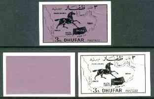 Dhufar 1972 Horse & Map definitive 3b value imperf set of 3 progressive proofs comprising a) main design in black, b) purple rectangular background & c) composite design ..., stamps on maps, stamps on horses