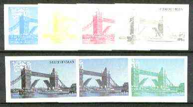Oman 1977 Silver Jubilee (London Scenes) 1B value (Tower Bridge) set of 7 imperf progressive colour proofs comprising the 4 individual colours plus 2, 3 and all 4-colour ..., stamps on royalty, stamps on silver jubilee, stamps on london, stamps on bridges