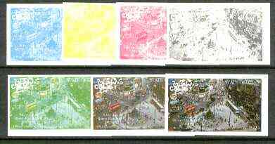 Oman 1977 Silver Jubilee (London Scenes) 2B value (Piccadilly Circus) set of 7 imperf progressive colour proofs comprising the 4 individual colours plus 2, 3 and all 4-co..., stamps on royalty, stamps on silver jubilee, stamps on london, stamps on buses