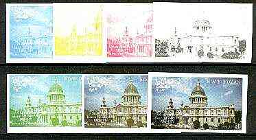 Oman 1977 Silver Jubilee (London Scenes) 3B value (St Pauls Cathedral) set of 7 imperf progressive colour proofs comprising the 4 individual colours plus 2, 3 and all 4-colour composites unmounted mint, stamps on royalty, stamps on silver jubilee, stamps on london, stamps on cathedrals