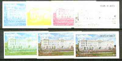 Oman 1977 Silver Jubilee (London Scenes) 4B value (Buckingham Palace) set of 7 imperf progressive colour proofs comprising the 4 individual colours plus 2, 3 and all 4-colour composites unmounted mint, stamps on royalty, stamps on silver jubilee, stamps on london    