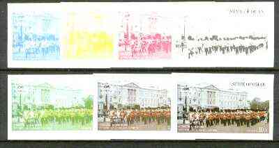 Oman 1977 Silver Jubilee (London Scenes) 10B value (Marching band outside Buckingham Palace) set of 7 imperf progressive colour proofs comprising the 4 individual colours plus 2, 3 and all 4-colour composites unmounted mint, stamps on royalty, stamps on silver jubilee, stamps on london, stamps on militaria, stamps on music