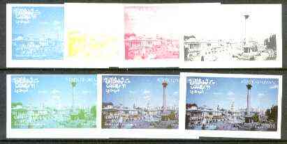 Oman 1977 Silver Jubilee (London Scenes) 30B value (Trafalgar Square) set of 7 imperf progressive colour proofs comprising the 4 individual colours plus 2, 3 and all 4-co..., stamps on royalty, stamps on silver jubilee, stamps on london, stamps on fountains, stamps on nelson