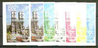 Oman 1977 Silver Jubilee (London Scenes) 1R20 value (Westminster Abbey) set of 7 imperf progressive colour proofs comprising the 4 individual colours plus 2, 3 and all 4-..., stamps on royalty, stamps on silver jubilee, stamps on london, stamps on cathedrals