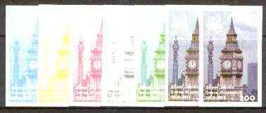 Iso - Sweden 1977 Silver Jubilee (London Scenes) 200 value (Big Ben & PO Tower) set of 7 imperf progressive colour proofs comprising the 4 individual colours plus 2, 3 an..., stamps on royalty, stamps on silver jubilee, stamps on london, stamps on clocks, stamps on towers, stamps on monuments, stamps on communications, stamps on  iso , stamps on 