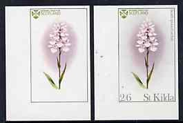 St Kilda 1969 Flowers 2s6d (Heath Spotted Orchid) imperf single with grey omitted (St Kilda, imprint & value) plus imperf normal unmounted mint, stamps on flowers, stamps on orchids