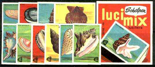 Match Box Labels -  Complete set of 10 + 1 Shells (Licimix produced in 1966), stamps on shells, stamps on marine life