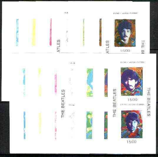 Batum 1995 Beatles set of 4 (2 sheetlets of 2) each in set of 7 imperf progressive colour proofs comprising the 4 individual colours plus 2, 3 and all 4-colour composites..., stamps on entertainments, stamps on music, stamps on pops, stamps on personalities, stamps on beatles
